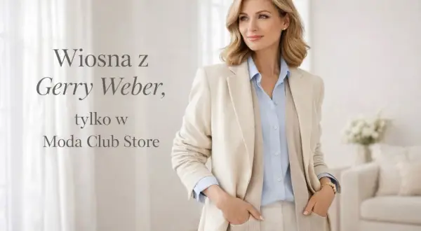 Elegancka kobieta w jasnej marynarce i błękitnej koszuli, prezentująca wiosenną kolekcję Gerry Weber bluzki.