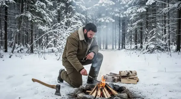 Mężczyzna z brodą rozpala ognisko w zimowym lesie. Wokół śnieg, stosy drewna i siekiera.
