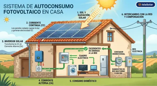Diagrama de un sistema de autoconsumo fotovoltaico en una casa. El sol alimenta paneles solares, que generan electricidad CC. Un inversor la transforma en CA para el consumo doméstico, con intercambio a la red.