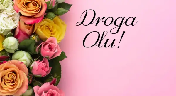 Bukiet róż na różowym tle. "Droga Olu!" - piękne życzenia imieninowe dla córki.
