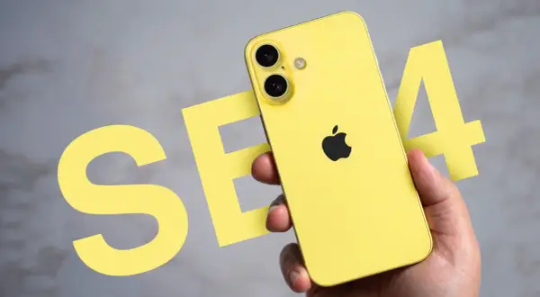 Żółty iPhone SE 4 w dłoni, obok wielkich liter "SE" i cyfry "4".