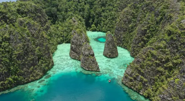 Atemberaubende Karstinseln mit üppiger Vegetation umgeben türkisfarbenes Wasser. Perfekt für die raja ampat beste reisezeit.