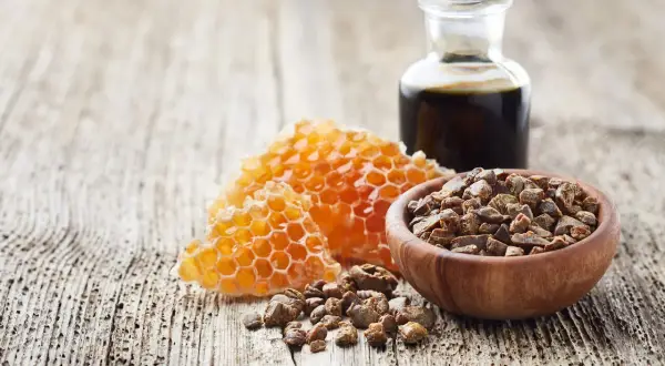 Propolis co to? Miód w plastrze, drewniana miseczka z propolisem i buteleczka z ciemnym płynem na drewnianym tle.