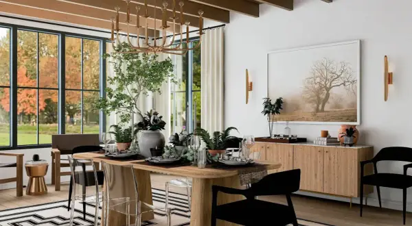 A modern dining room with a large picture of a tree. This image offers inspiration on how to hang a picture to enhance your home decor.