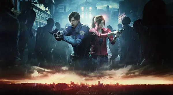 Leon i Claire walczą z hordą zombie w deszczową noc. To mroczna scena z Resident Evil seria.