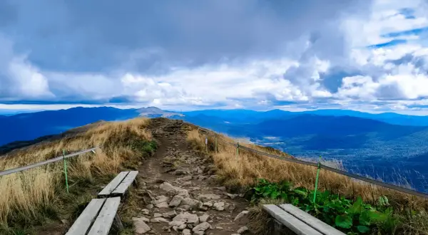 Kamienista ścieżka prowadzi na szczyt, skąd roztacza się widok na Bieszczady. W oddali widać kolejne pasma górskie.