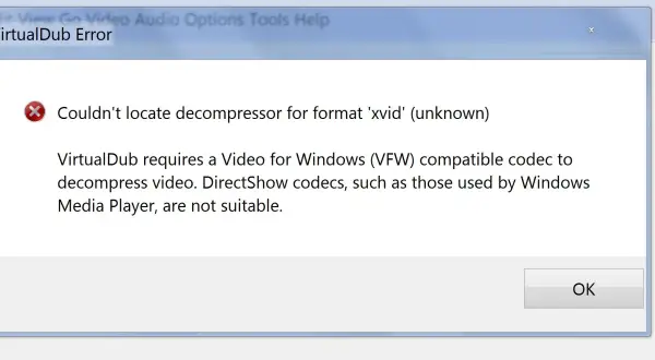 Błąd VirtualDub: nie znaleziono kodeka xvid. Program potrzebuje kodeka VFW, nie DirectShow.