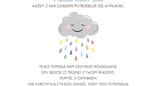 Uśmiechnięta chmurka z tęczowym deszczem przypomina, że płacz jest zdrowy i pomaga odzyskać równowagę.