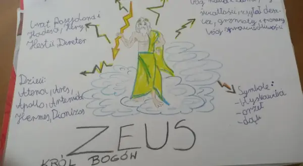 Zeus, król bogów, władca Olimpu, syn Kronosa i Rei. To co to jest mit, pokazuje jego potęgę, władzę nad niebem i ziemią, symbolizowaną przez błyskawice.