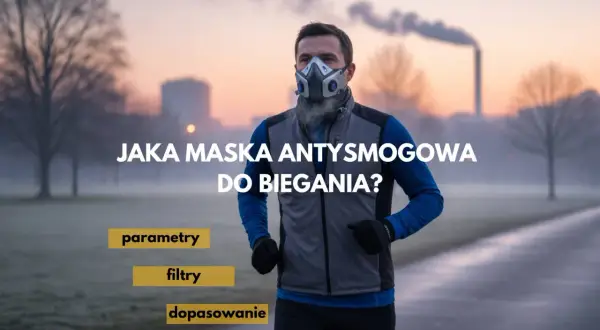 Mężczyzna w masce antysmogowej do biegania, podczas porannego treningu w zadymionym otoczeniu.