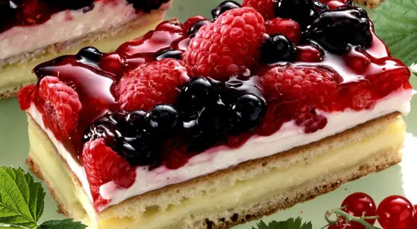 Ein saftiger **Beerenkuchen vom Blech** mit Himbeeren, Brombeeren und Blaubeeren, überzogen mit glänzendem Gelee.