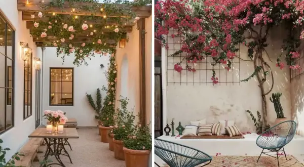 Dos patios interiores con encanto: uno con pérgola de rosas y luces, otro con buganvillas vibrantes y asientos acogedores.