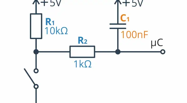 Schemat filtr górnoprzepustowy RC: rezystor R1 (10kΩ), rezystor R2 (1kΩ), kondensator C1 (100nF) i wyłącznik.