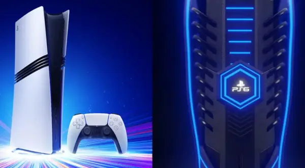 Konsola PS5 i kontroler DualSense na tle niebieskiego gradientu z kolorowymi smugami światła. Obok widoczny fragment futurystycznej obudowy z podświetlanym logo PS6. Premiera PS5.