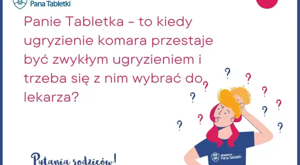 Kiedy ugryzienie komara u dziecka nie jest zwykłe i budzi niepokój? Ilustracja z pytaniami rodziców.