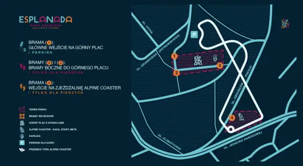 Mapa Esplanady w Szklarskiej Porębie. Wskazuje wejścia, parking, górny plac z atrakcjami i tor Alpine Coaster.