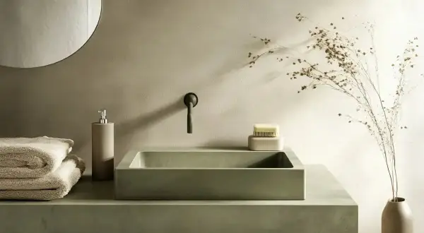 Lavabo de microcemento moderno con grifo negro, toallas y jabonera. Inspírate para crear tu propio lavabo de microcemento.