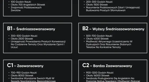 Poziomy angielskiego po maturze: A1 (początkujący), A2 (niższy średniozaawansowany), B1 (średniozaawansowany), B2 (wyższy średniozaawansowany), C1 (zaawansowany), C2 (bardzo zaawansowany).