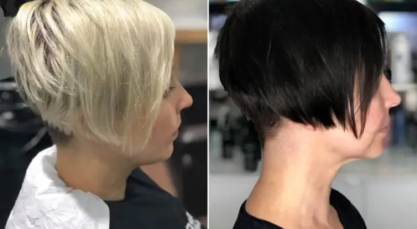 Zwei Damen mit modernen kurzhaarfrisuren: eine mit blondem, die andere mit schwarzem Haar.