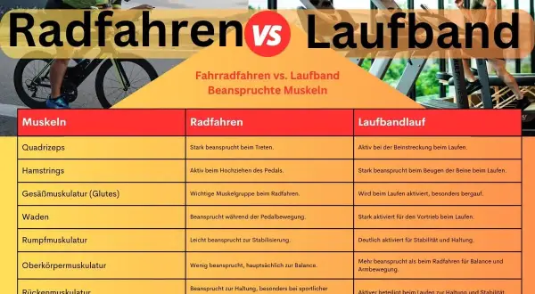 Vergleich: Radfahren vs. Laufband. Tabelle zeigt, was ist besser Laufband oder Fahrrad für welche Muskeln.