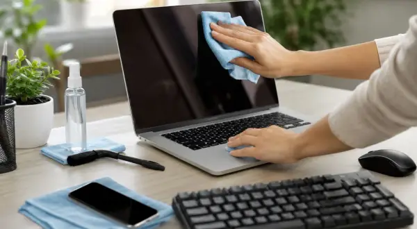 Dłonie czyszczą ekran laptopa niebieską ściereczką. Na biurku stoją płyn dezynfekujący, szczoteczka i telefon.