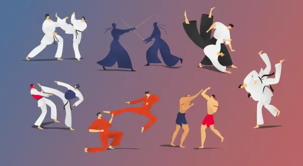 Illustration visar olika kampsporter i action, från sparkar och slag till vapenstrider.