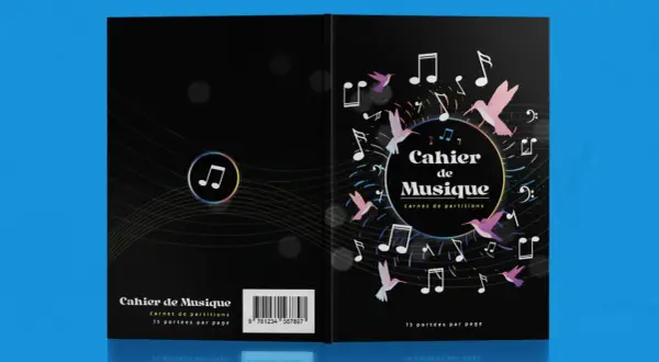 Portadas para música con notas musicales y colibríes. Un cuaderno de partituras con diseño vibrante.
