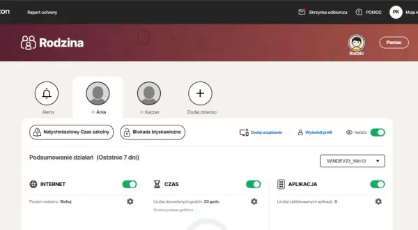 Panel kontroli rodzicielskiej Norton Rodzina. Zarządzaj czasem ekranowym i aplikacjami dla dzieci.