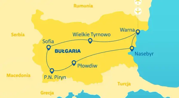 Mapa Bułgarii z trasą wycieczki: Sofia, Płowdiw, P.N. Piryn, Wielkie Tyrnowo, Warna, Neseber. Idealna na 10 dni bułgaria samolotem.