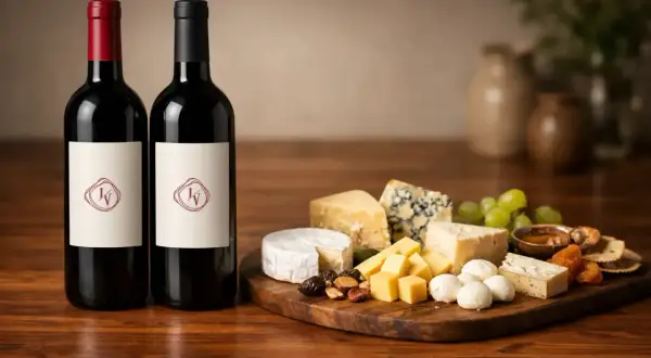 Due bottiglie di vino rosso accanto a un tagliere con vari formaggi, uva e miele. Il vino perfetto per formaggi.