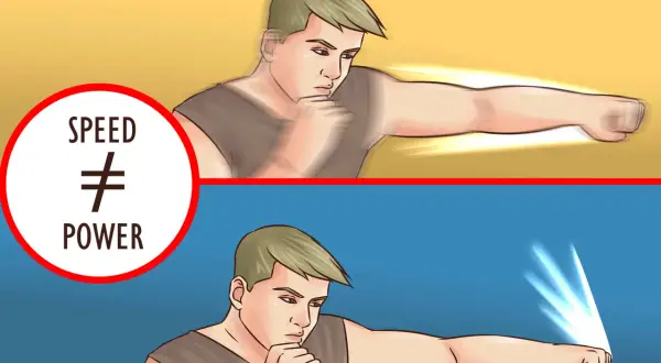 Learn how to punch harder by understanding that speed isn't power. The image shows a boxer's fist in motion, with the bottom panel illustrating a more impactful strike.
