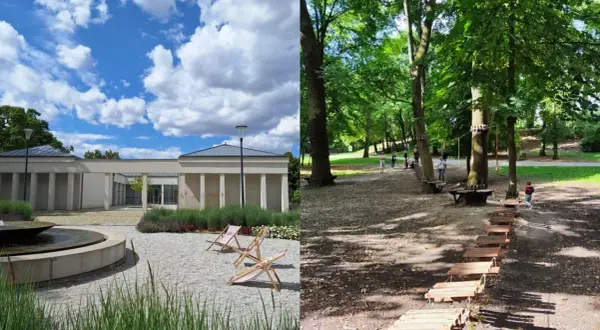 Nowoczesny budynek z fontanną i leżakami po lewej, po prawej park linowy w Jankowicach z dziećmi.