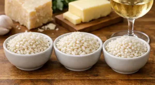Trois bols de riz Arborio, parfaits pour une recette risotto crémeuse, avec du parmesan, du beurre, de l'ail et un verre de vin blanc.
