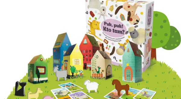 Puk puk, kto tam? Wesoła gra z domkami i zwierzątkami na zielonej łące.
