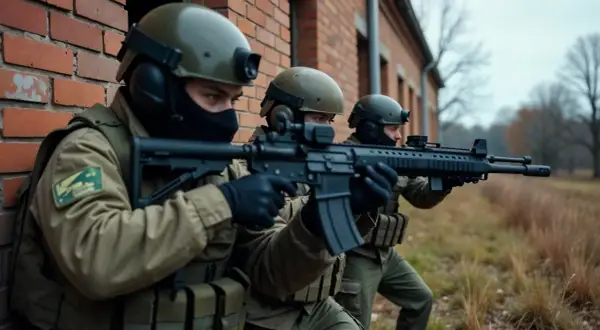 Tres jugadores de airsoft con equipamiento táctico y réplicas de fusiles se preparan para la acción junto a una pared de ladrillos.