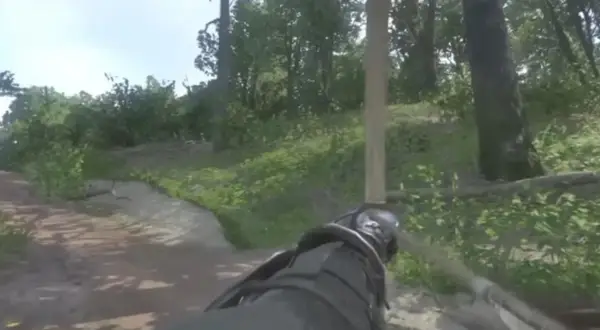 Postać w Kingdom Come: Deliverance celuje z łuku przez las. Widoczny jest kompas i pasek zdrowia.
