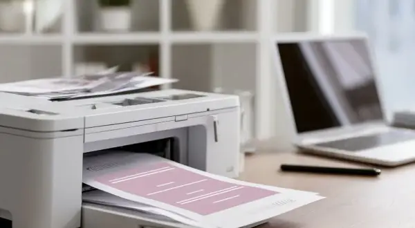Drukarka drukuje dokument, obok leży laptop. Dowiedz się, jak sprawdzić historię drukowania.