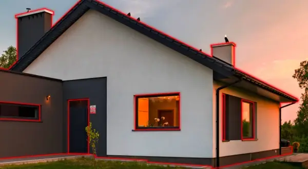 Maison moderne avec contours rouges. Une porte sombre, des fenêtres éclairées. Idéal pour choisir son alarme et sécuriser son domicile.