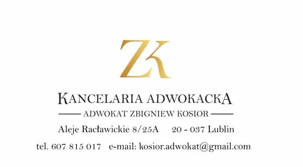 Logo kancelarii adwokackiej ZK z danymi kontaktowymi.