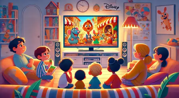 Dzieci oglądają bajkę z postaciami z kreskówki Disney.