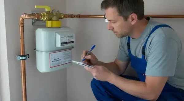 Ein Handwerker prüft den Gasanschluss und macht sich Notizen.