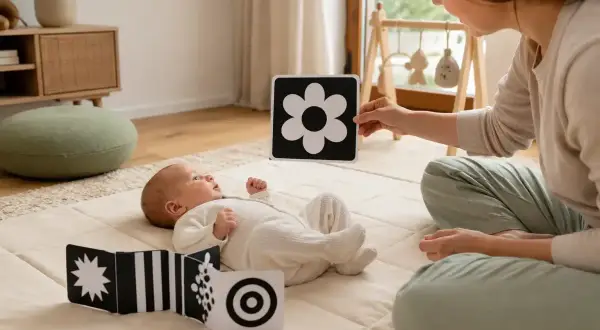 Niemowlę z zaciekawieniem ogląda czarno-białe karty kontrastowe, które pokazuje mu mama. Zabawki kontrastowe od kiedy są tak ważne dla rozwoju wzroku maluszka!