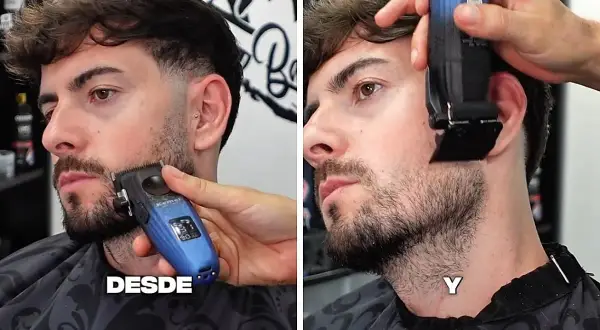 Un hombre se recorta la barba italiana con una máquina. El antes y el después de un corte de barba perfecto.