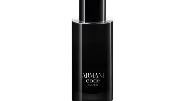 Elegancka, czarna butelka perfum Armani Code Parfum.