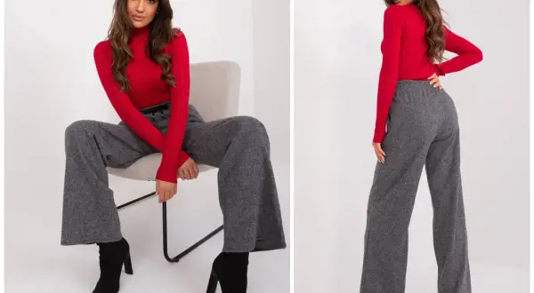 Eleganckie stylizacje z szerokimi, szarymi spodniami i czerwoną bluzką.