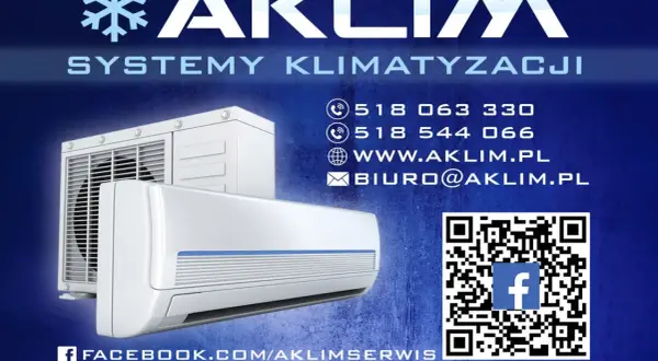Reklama firmy AKLIM: systemy klimatyzacji, kontakt, strona www, Facebook, sprzedaż, montaż, serwis.