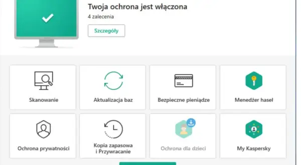 Interfejs Kaspersky Total Security. Twoja ochrona jest włączona. Dostępne opcje: Skanowanie, Aktualizacja baz, Bezpieczne pieniądze, Menedżer haseł, Ochrona prywatności, Kopia zapasowa, Ochrona dla dzieci. To dobry antywirus.