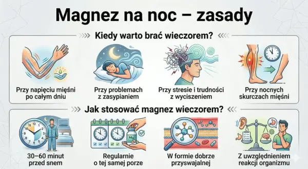 Kiedy brać magnez? Wieczorem przy napięciu mięśni, problemach z zasypianiem, stresie, skurczach. Stosuj 30-60 min przed snem, regularnie, w przyswajalnej formie.