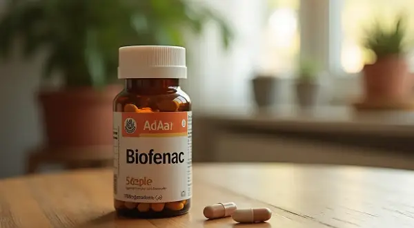 Butelka leku Biofenac 100 mg na drewnianym stole, obok dwie kapsułki. W tle rośliny doniczkowe.