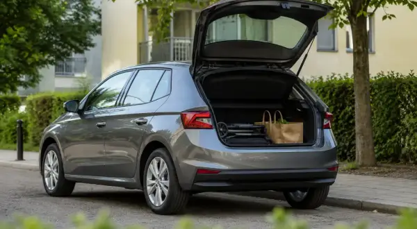 Grå Skoda Fabia med öppen baklucka, packad med barnvagn och matkassar. Ett litet problem kan vara att få plats med allt.